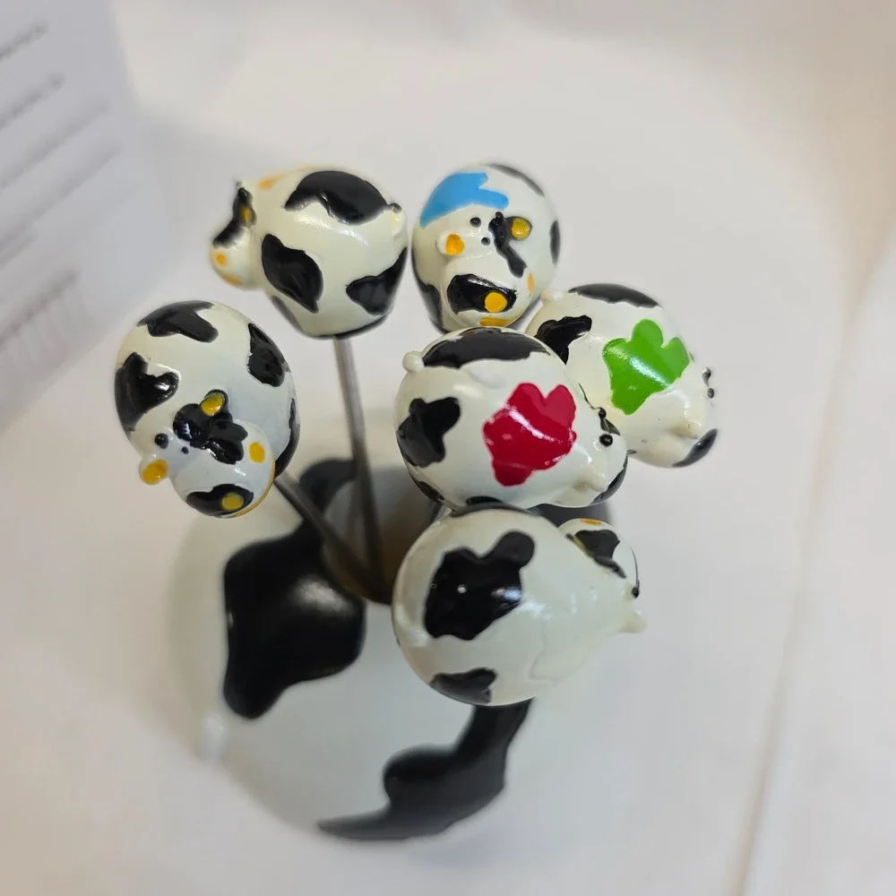 READA Boska Cow Party Pick Set White Black Ceramic Cheese Appetizer Tools 7pc